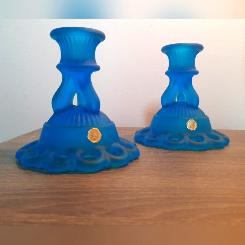 Vintage Westmoreland Glass Dark Blue Satin Mist Doric Lace Candle Holder Pair
